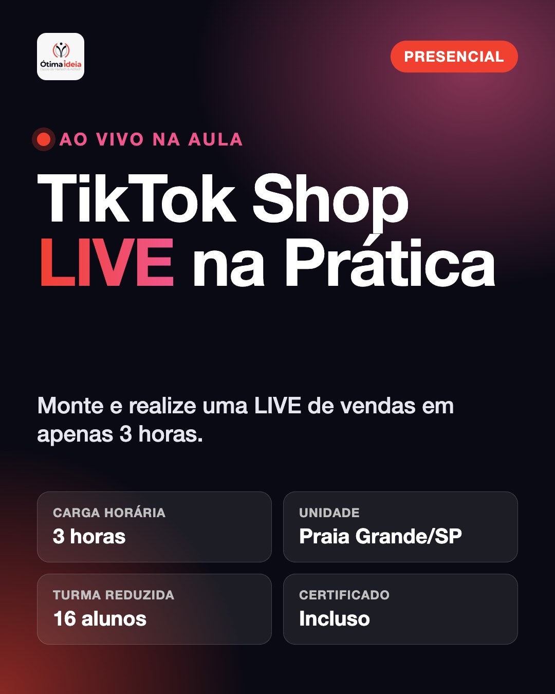 TikTok Shop LIVE na Prática — curso presencial de 3 horas em Praia Grande